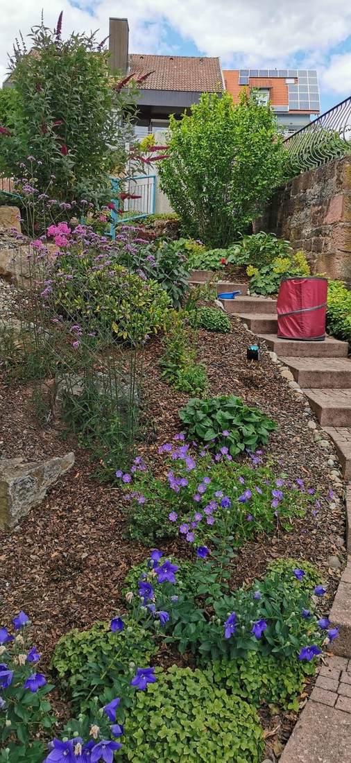 Gartengestaltung mit Blumenbeet und Steinstufen